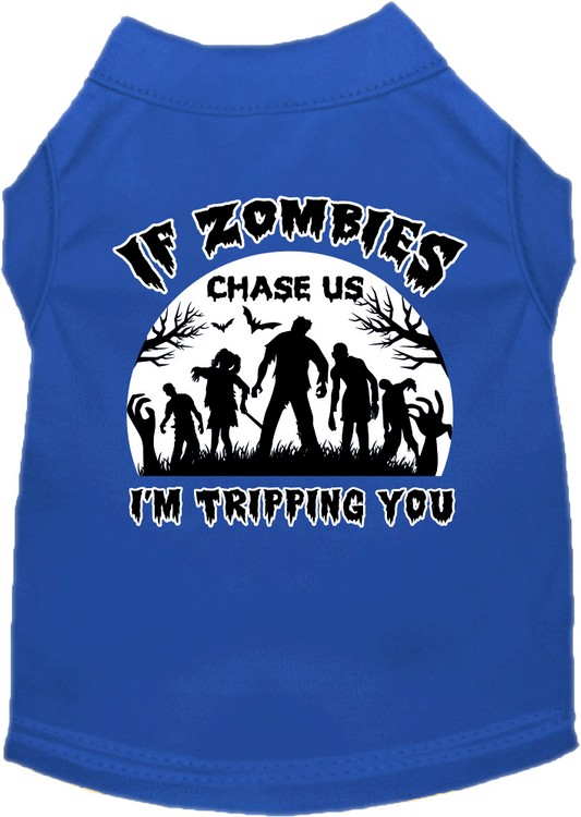 If Zombies Chase Us Screen Print Dog Shirt Blue Size XS